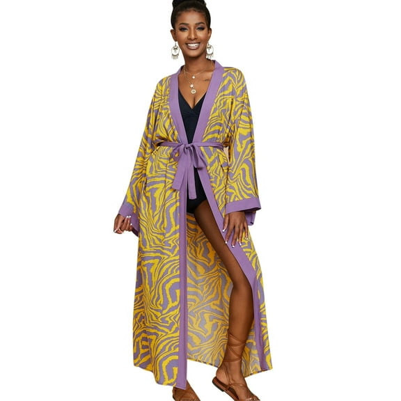 EDOLYNSA Zebra Printed Kimonos for Women Plus Size Bathing Suit Cover ups Loungewear with Belt Long Summer Cardigan