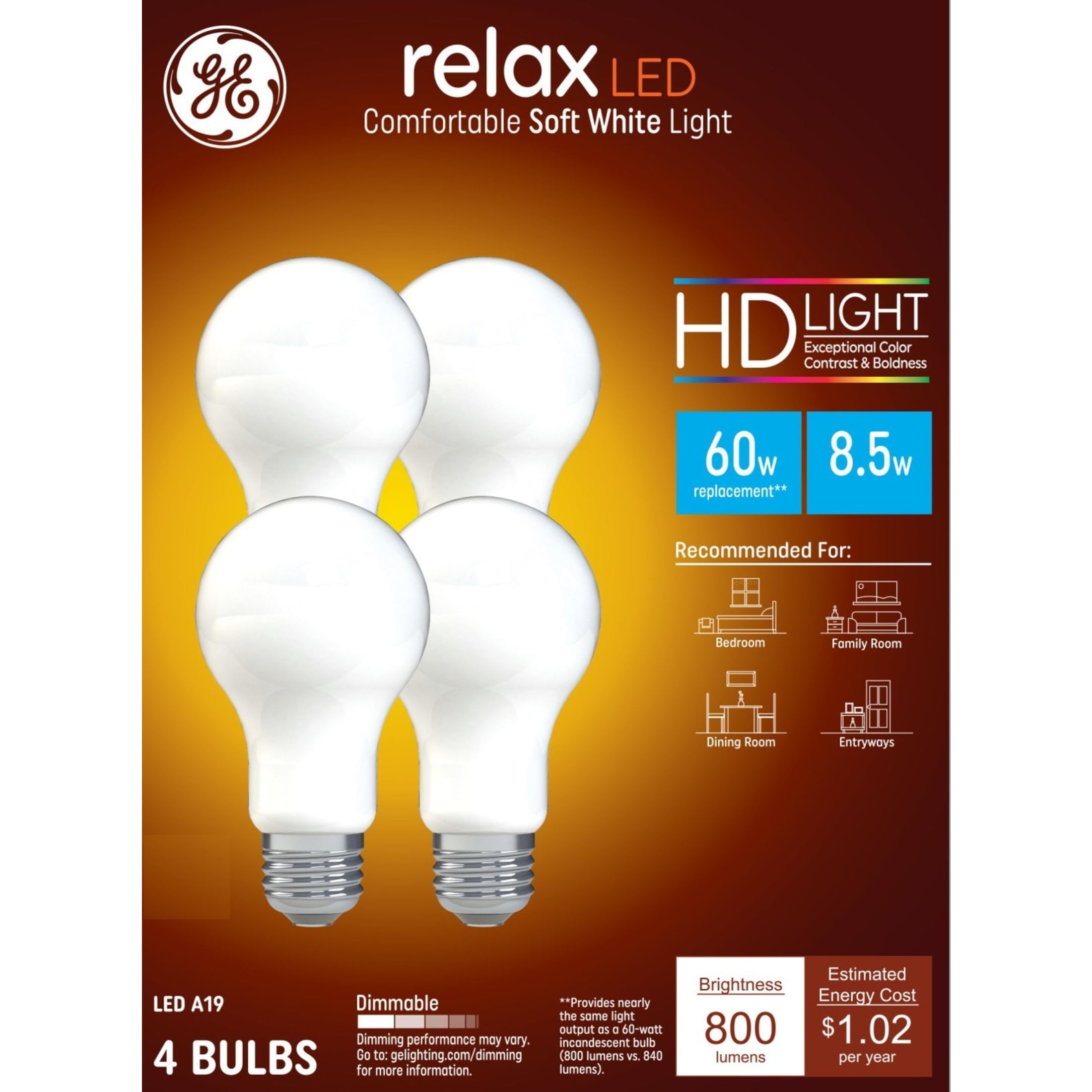 (2 pack) GE Relax HD LED Light Bulbs, 60 Watt, Soft White, A19 Bulbs, Medium Base, Frosted Finish, 4pk