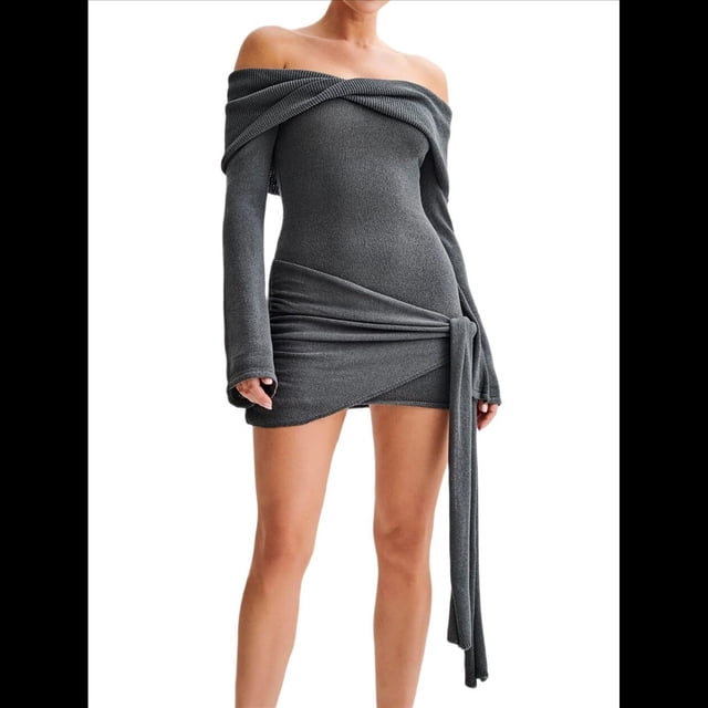 Vestido de Punto Corto con Hombros Descubiertos para Mujer, Larga, Irregular, con Cordones, Sexy Gris L