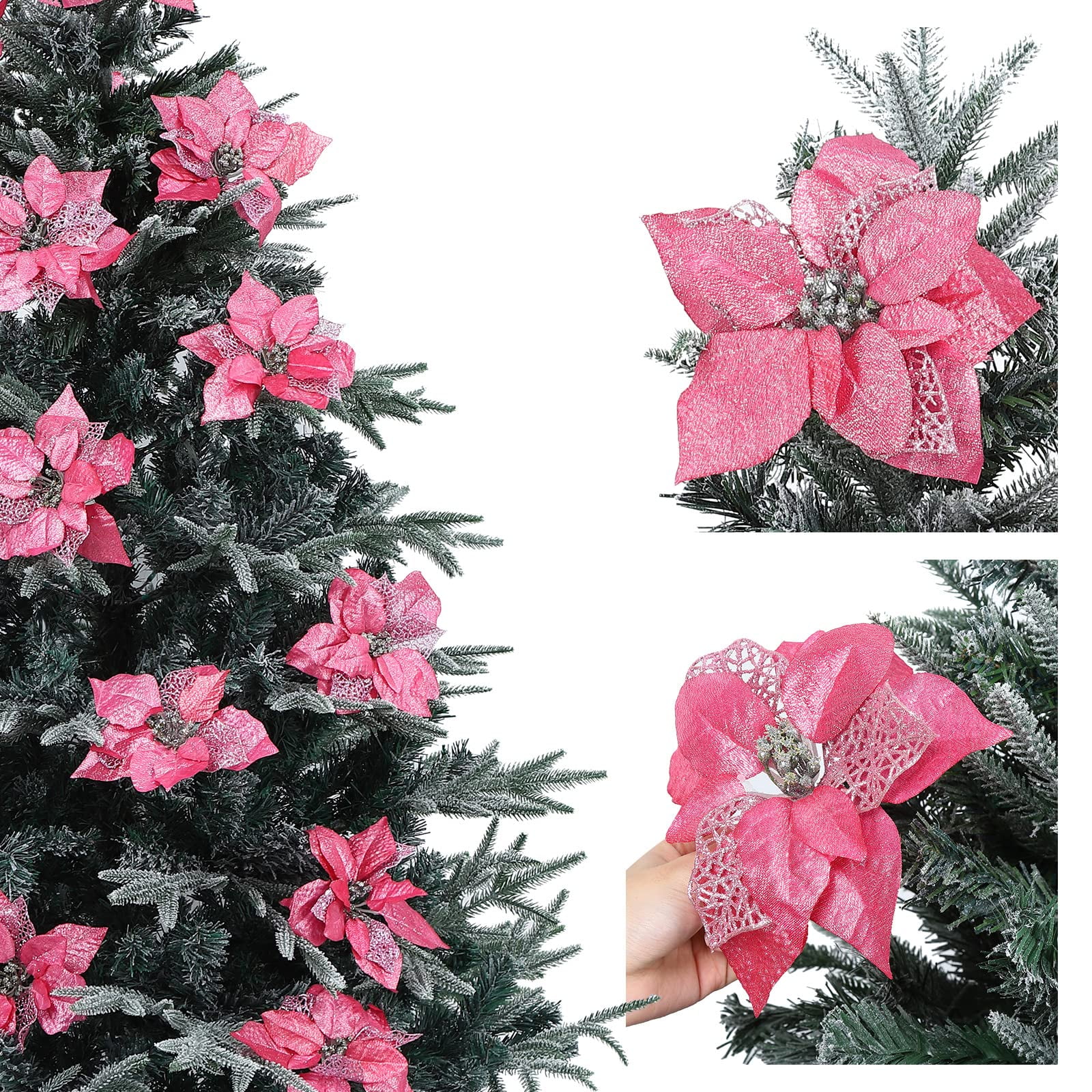 Kainonnan 26Pcs Poinsettias Artificial Christmas Flowers Glitter Christmas  Flowers with Clips and Steams for Christmas Tree Decorations Home Party