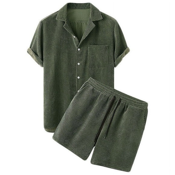 Cameland Ensembles pour Hommes Tenues 2 Pcs Été Décontracté Col Rabattu Uni Haut à Boutons Taille Élastique Short Costume