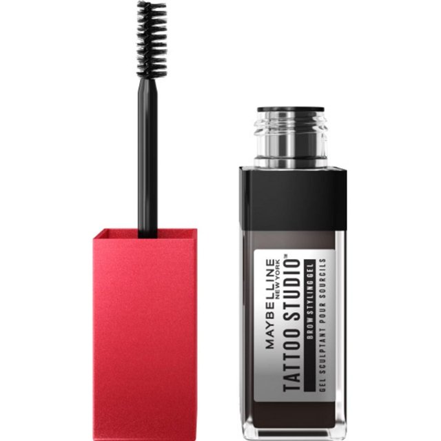 Maybelline Tattoo Brow 3 Day Styling Gel in a clear rectangular bottle with black cap and red square applicator handle, featuring a spoolie brush for waterproof, high-pigment eyebrow gel that sculpts and styles brows for up to three days.