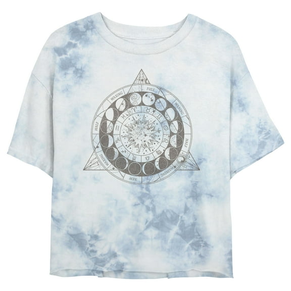Junior's Lost Gods Astrology Moon Phases Wheel Crop Graphic Tee White/Blue Medium