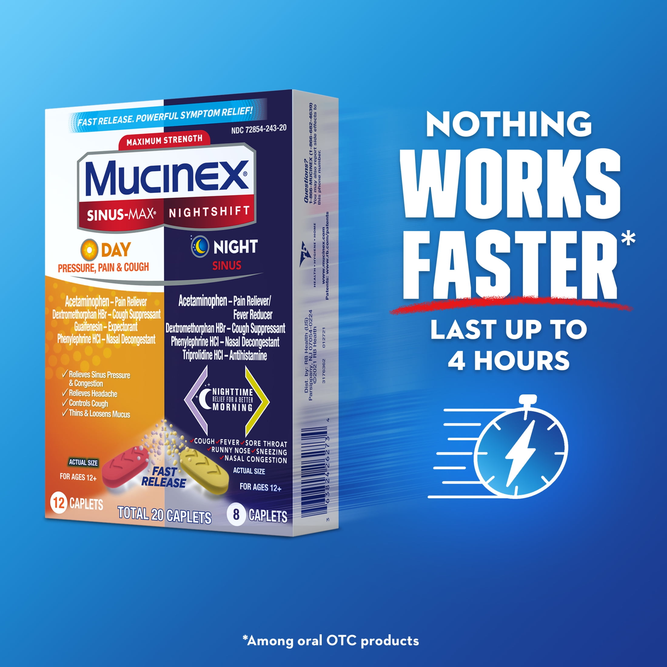 Mucinex Sinus-Max Day Pressure, Pain & Cough & Nightshift Sinus Medicine, OTC Symptom Relief, 20 Caplets