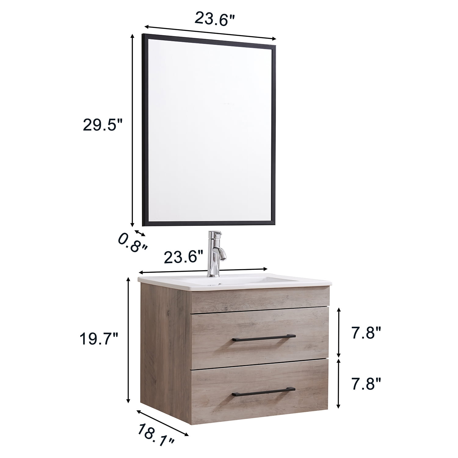 Demi Bonn 24" Wood Grain Wall-Mounted Bathroom Vanity with Ceramic Sink, 2 Soft-Close Drawers and Aluminum Frame Mirror, Faucets and Drains Not Included, Gray