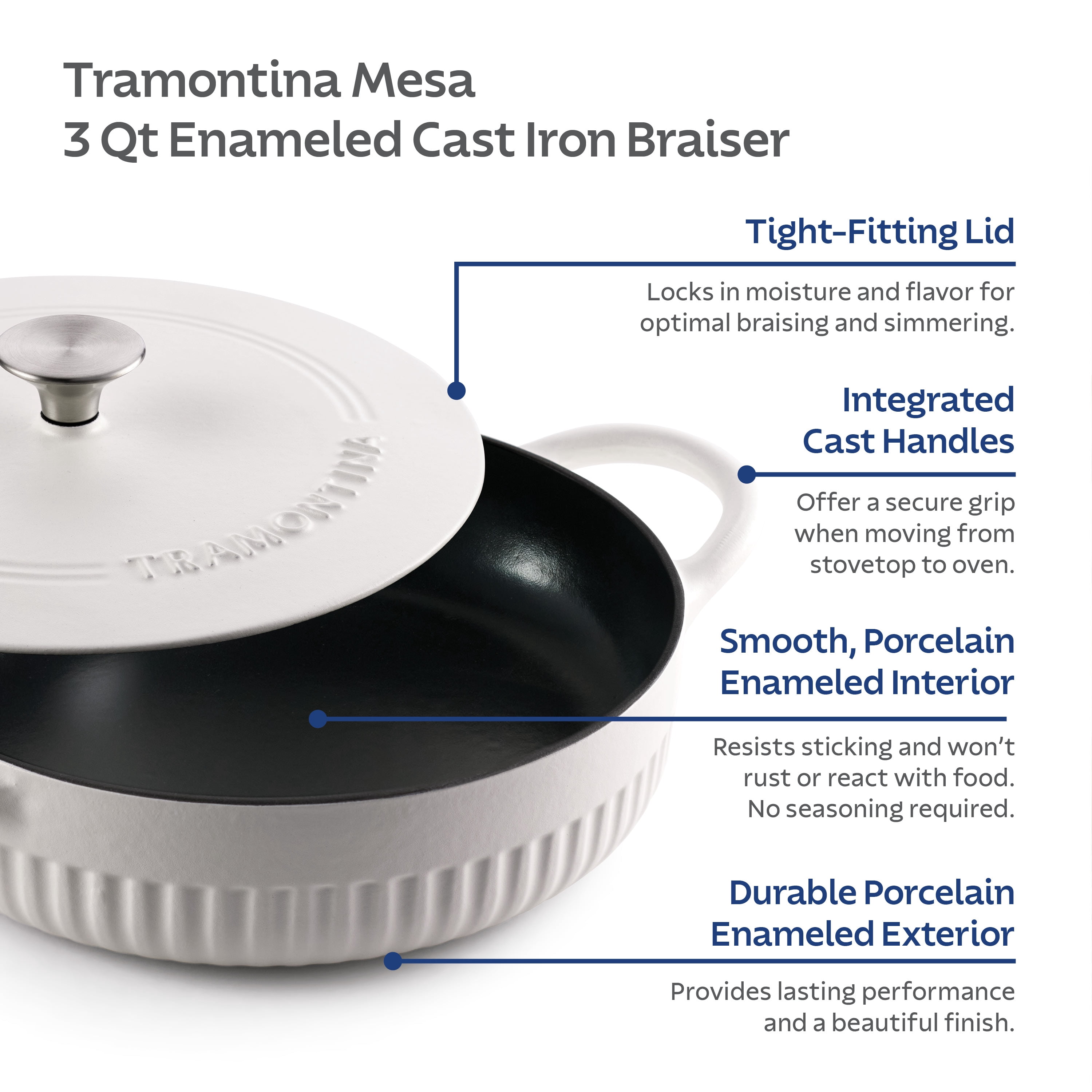 Tramontina Mesa 3.5 Qt Enameled Cast Iron Braiser White