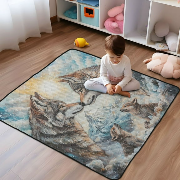 WOBOGO Two Wolf Kings Baby Playmats Extra Large Waterproof Rollable Activity Pads for Toddlers 50×50inch