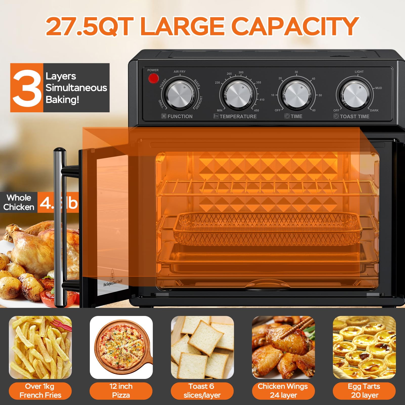 27.5 Quart 6 Slices Large French Door  Air Fryer Convection Toaster Oven,  1700W, Multifunction Oven for Air Fryer, Toast, Grill, Defrost, Bake, Time and Temperature Controls, Black