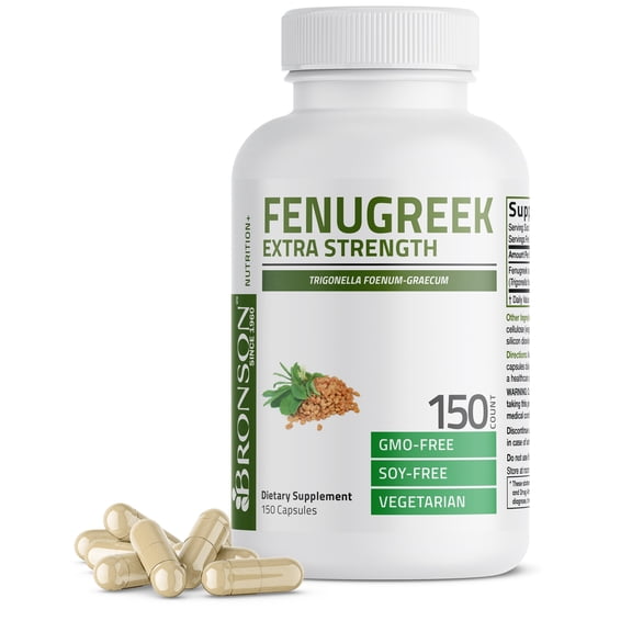 Bronson Fenugreek Seed Powder Capsules Extra Strength Trigonella Foenum-Graecum, Non-GMO, Soy-Free, Vegetarian, 150 Capsules
