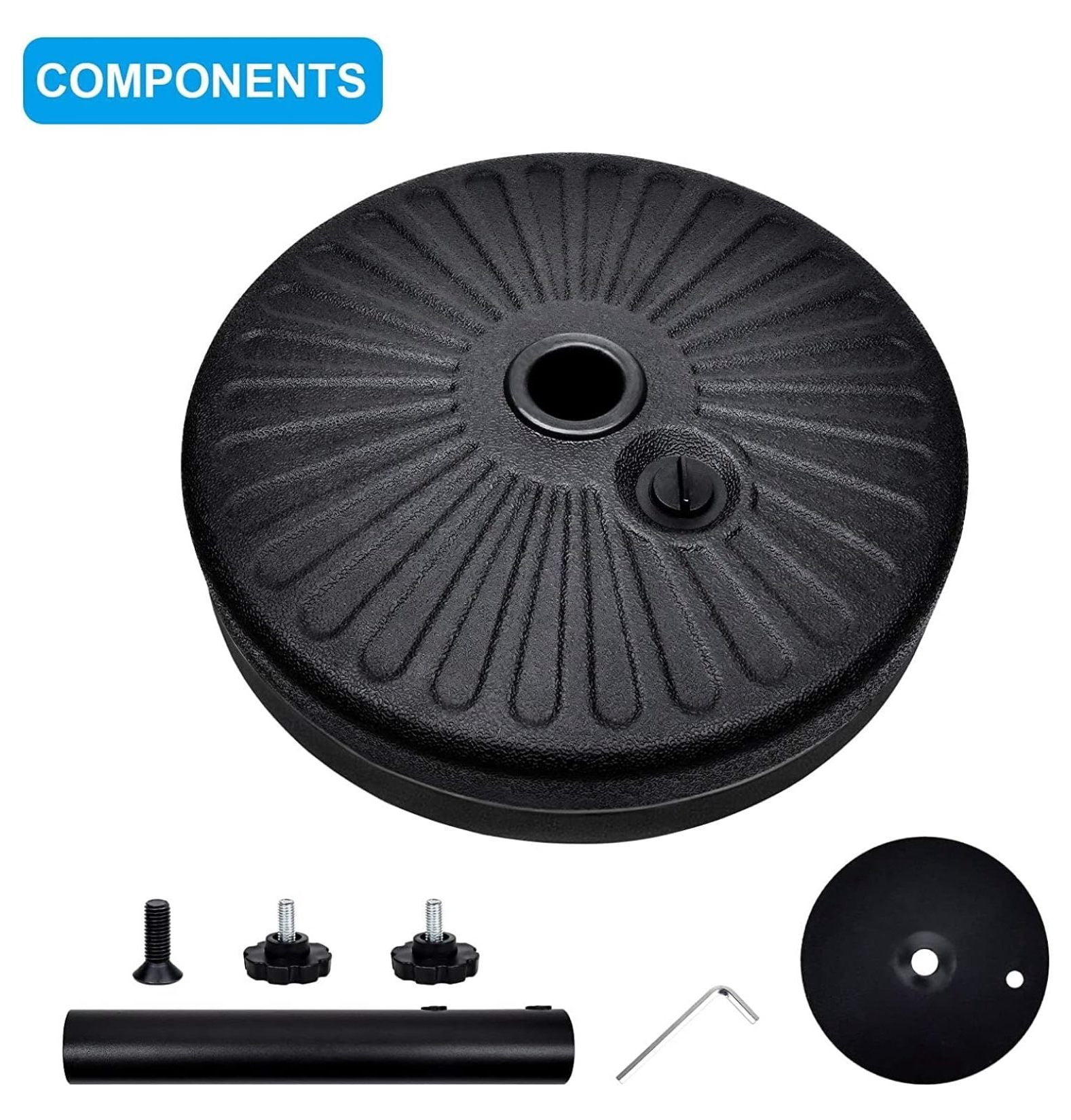 20" Round Heavy Duty Patio Umbrella Base Stand with Steel Umbrella Holder, Water or Sand Fillable for Outdoor, Lawn, Garden, 50lbs Weight Capacity, Black