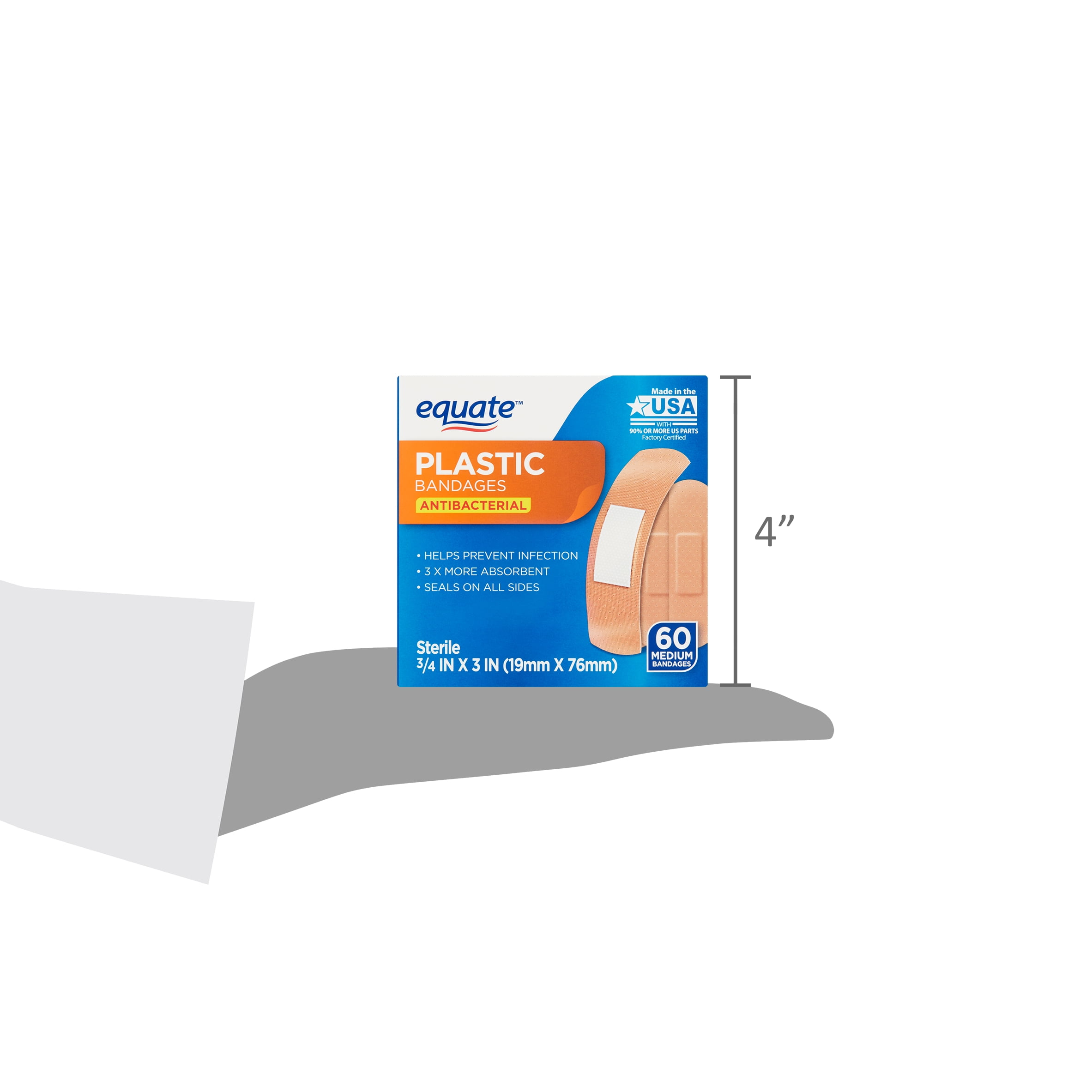 (3 pack) Equate Antibacterial Medium Plastic Bandages, 60 count