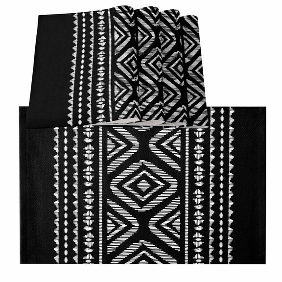 Black Boho Geometric Placemats for Dinning Table Set of 6, Vintage Southwestern Stripes Burlap Kitchen Place Mats Waterproof Cloth Table Mats, Indoor Outdoor Placemats Easy Clean Dinner Decor