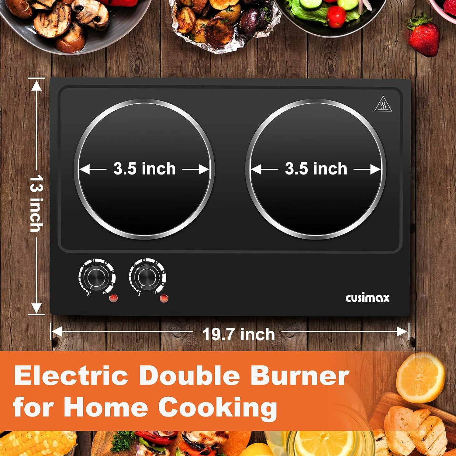 CUSIMAX 1800W Ceramic Electric Double Burner, Dual Control Infrared Cooktop, Portable, Glass Plate, Stainless Steel, Black.