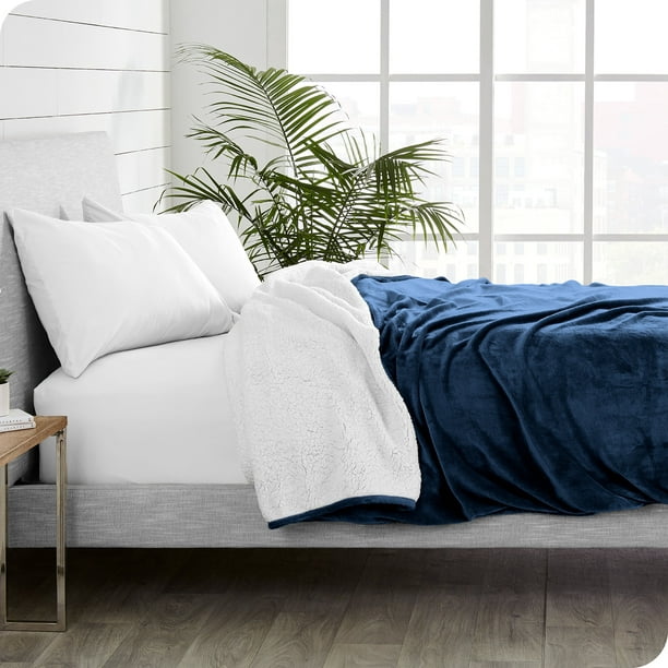 Bare Home Plush Sherpa Bed Blanket - Fluffy & Soft - Reversible -  Lightweight - Throw/Travel, Dark Blue 