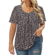 CASSIE LIZ Plus Size Women's Tops Boho Floral 2X Short Sleeve Blouses Black Base Fashion Swing Crew Neck Pullover Casual Shirts Loose Fit Tunics Spring Summer Tee 2XL 18W 20W