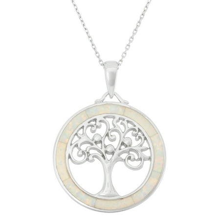 Beaux Bijoux Sterling Silver Tree of Life Created White Opal Circle Pendant with 18 Chain