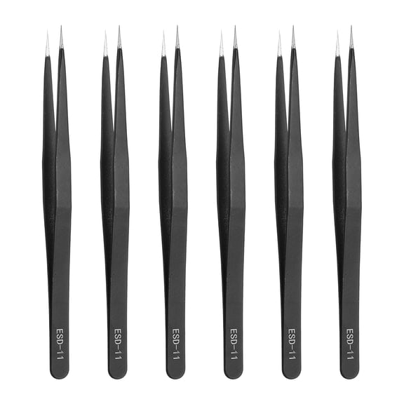 Uxcell 6pcs 5.51" Long ESD-11 Anti-static Straight Pointed Tip Tweezers Stainless Steel Non-magnetic Precision Tweezers for Various Electronics Precise Repair