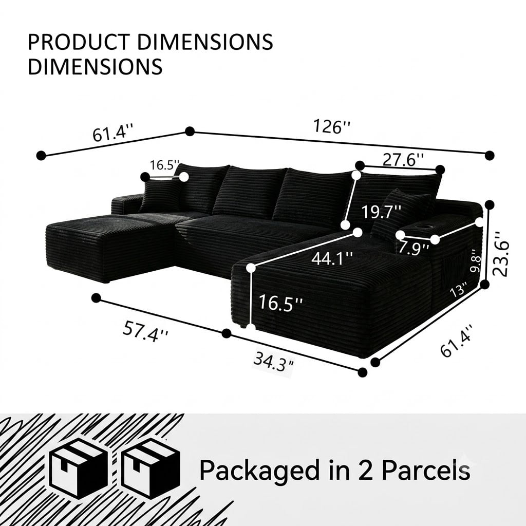Howcool 126" Oversized U-Shaped Modular Sectional Sofa, Cloud Couch with Double Chaise & Deep Seats, Boneless Corduroy Couch for Living Room & Apartment, No Assembly Required, Black