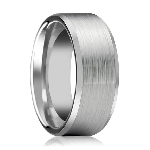 ANDREW | Silver Tungsten Ring, Brushed, Beveled Edges