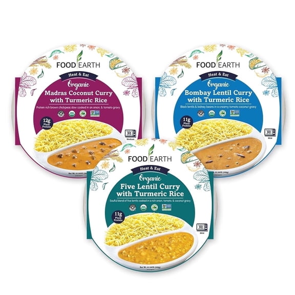 Food Earth Ready to Eat Indian Cuisine – Bombay Lentil , Five Lentil & Madras Coconut with Turmeric Rice – 100% Organic, Vegan, Gluten-Free, Heat & Serve,10.58 oz, 3 units Shelf Stable