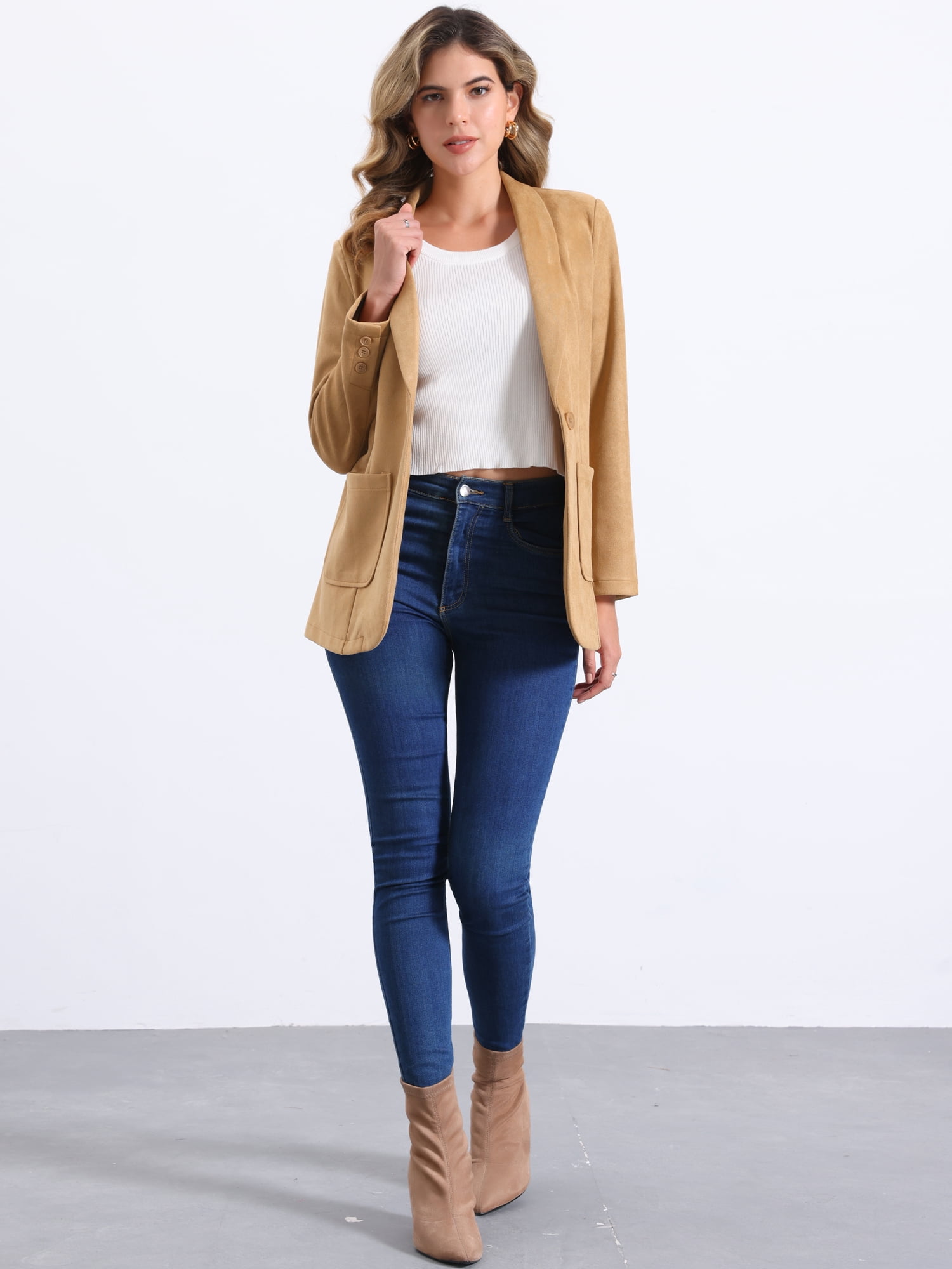 DARING DIVA Women's Faux Suede Lapel Collar One Button Dressy Suit Jacket M Khaki