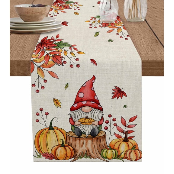 ERUNPONLY Fall Gnomes Table Runner - 70 Inch Long Thanksgiving Pumpkins Red Maple Leaf Beige Cotton and Linen Blended Dress Scarves Farmhouse Table Runner for Kitchen Dining, Coffee Table, 13"x70"