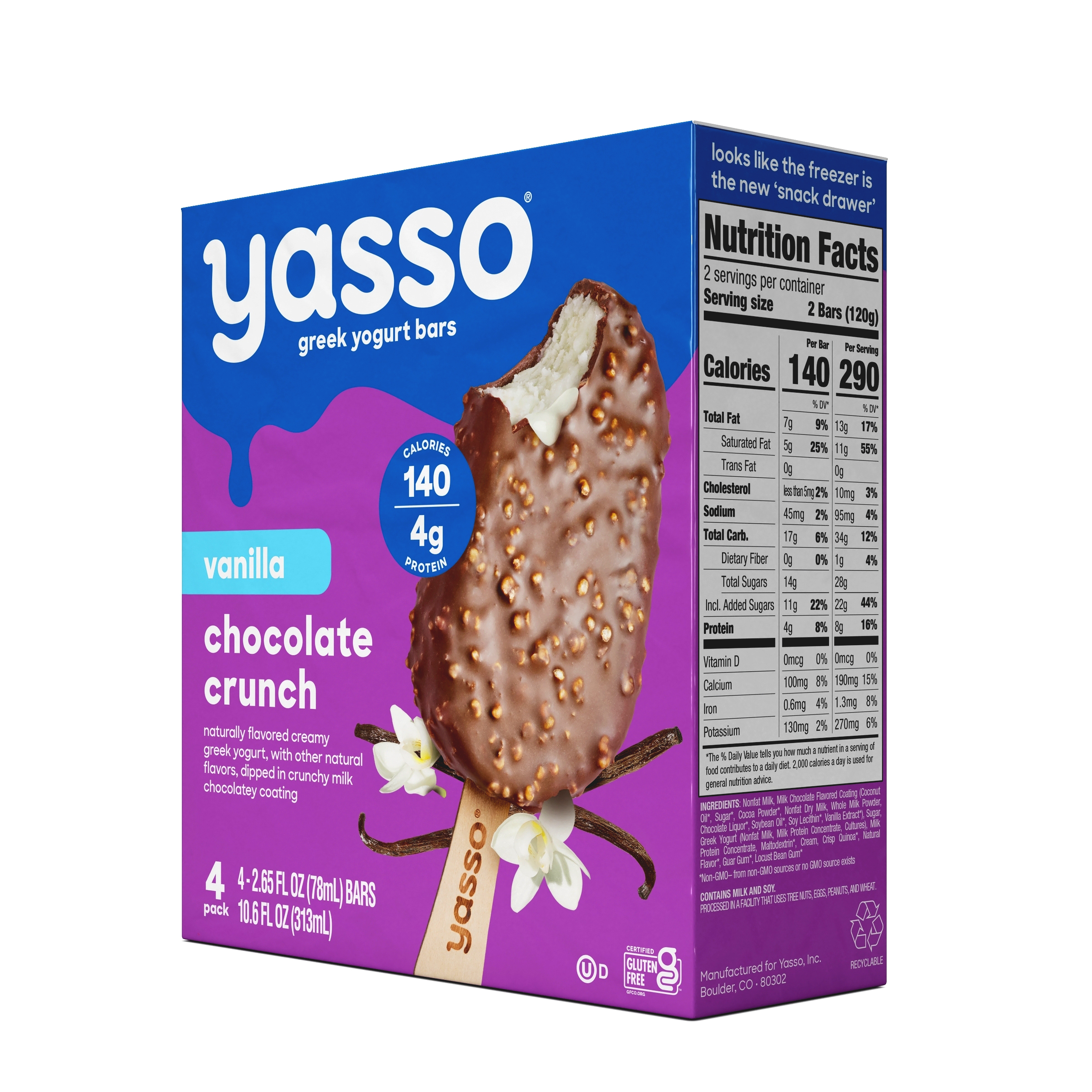 Yasso Frozen Greek Yogurt Vanilla Chocolate Crunch Bars, 4 Count ...