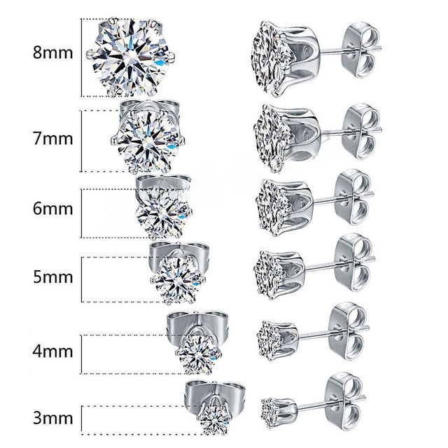 Pendientes de acero inoxidable con circonitas de seis garras para hombres y mujeres, pendientes pequeños con hebilla de mariposa sencilla, pendientes con clavos en forma de hueso en la oreja