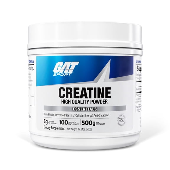 GAT SPORT Creatine Monohydrate 500 Gram Powder, Strength, Brain Health, Anti-oxidant, Endurance, for Men & Women, Unflavored, 100 Servings