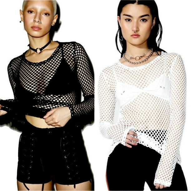 Women Fishnet Sheer Shirt Casual T-Shirts Loose Summer Tops 