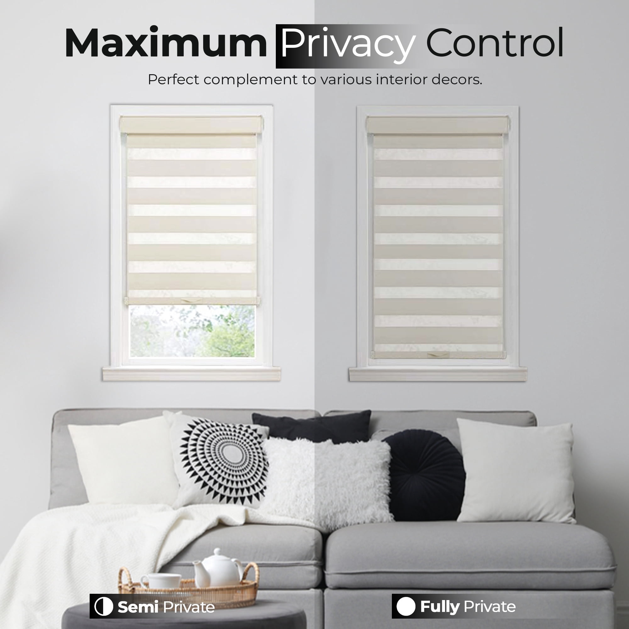 PowerSellerUSA Cordless Zebra Blinds Roller Shade, Celestial Sheer Double Layered Window Shade Privacy Light Control, Day and Night Window Drapes, 43" x 72", Linen