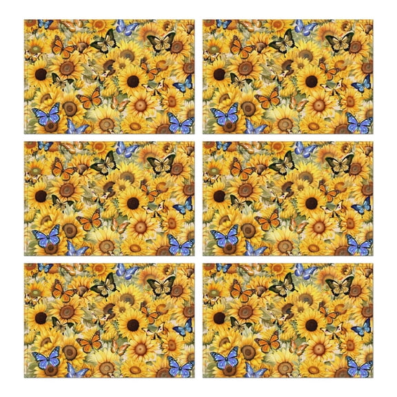 Boho Sunflower Placemats Set of 6, Machine Washable Heat Resistant Linen Table Mats with Vintage Rustic Floral Pattern Featuring Yellow Blooms, Bees, and Butterflies