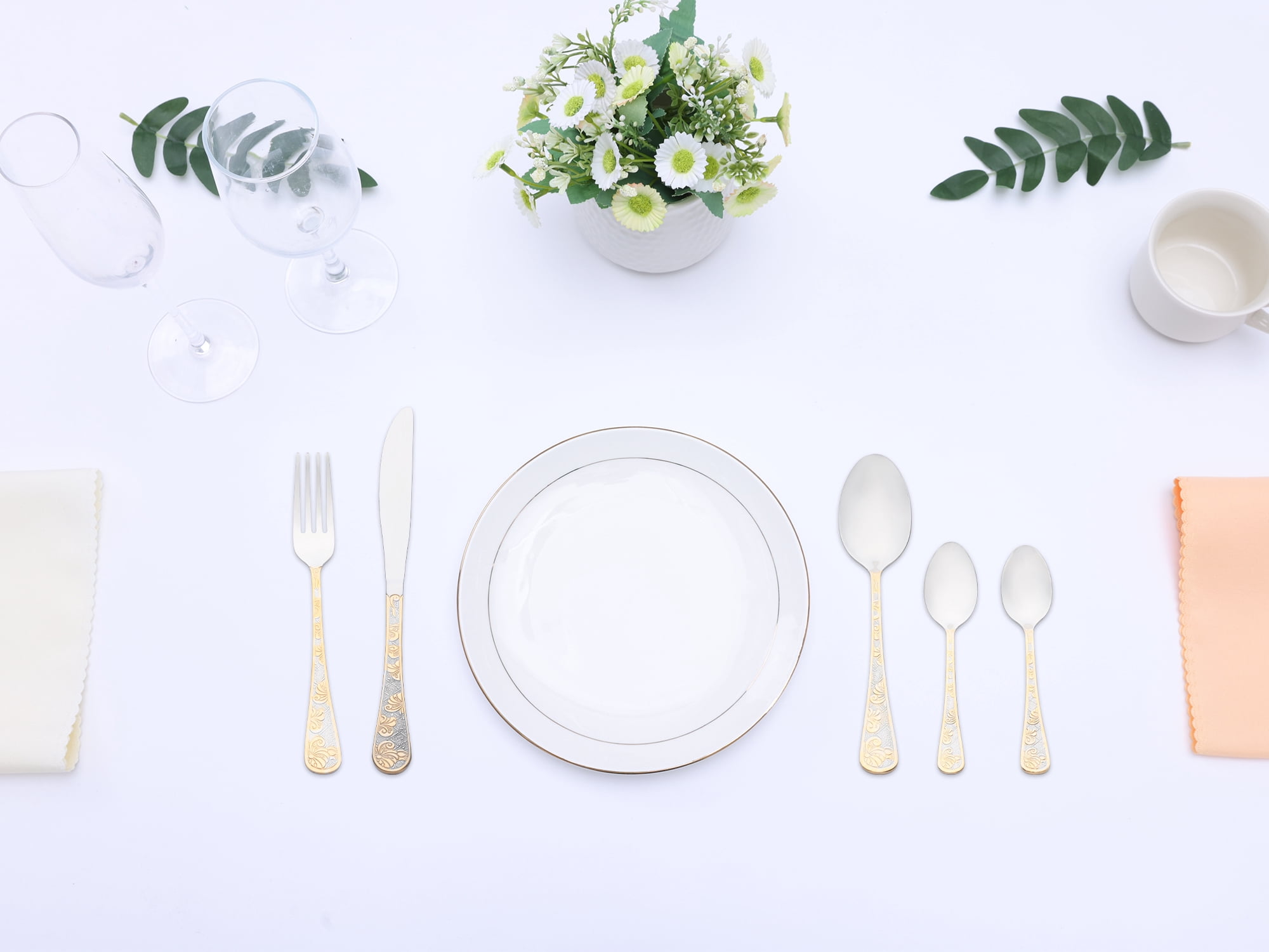 Unique Bargains 20 Piece Silverware Set Stainless Steel Floral Flatware Silver/Gold 20