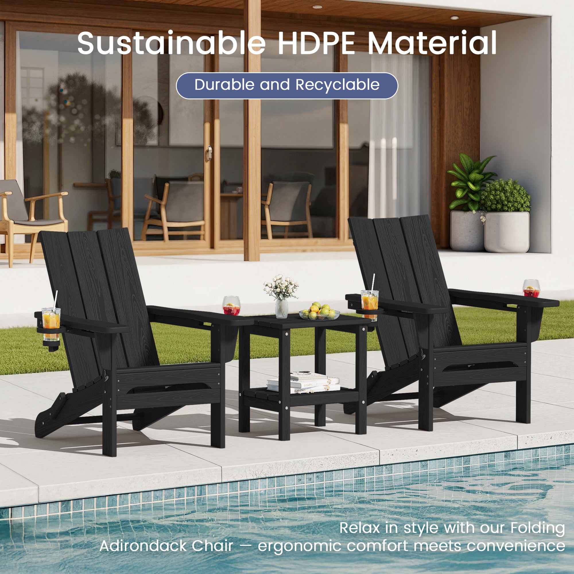 SERWALL Folding Adirondack Chair with 2 Cup Holders & Phone Slot, All-Weather Outdoor HDPE Patio Chair, Foldable Lawn Deck Chair, Black