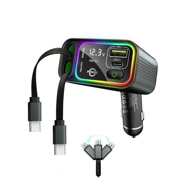 Cargador de coche retráctil PDMAX, 145 W, cargador rápido de teléfono para coche