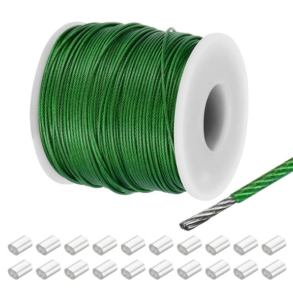 262Ft Wire Rope 304 Stainless Steel Cable 1/24" Vinyl Coated with 20pcs Aluminum Sleeves Green