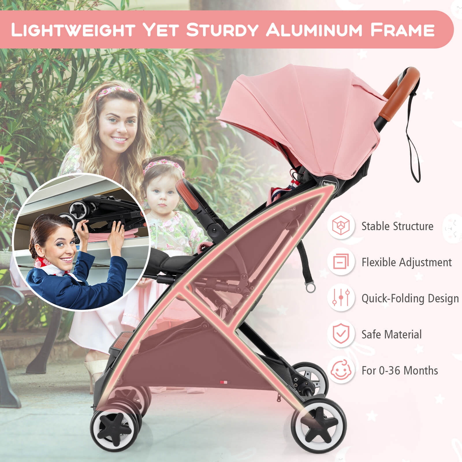 Infans Lightweight Baby Stroller Aluminium Frame w/ Net for Travel Pink