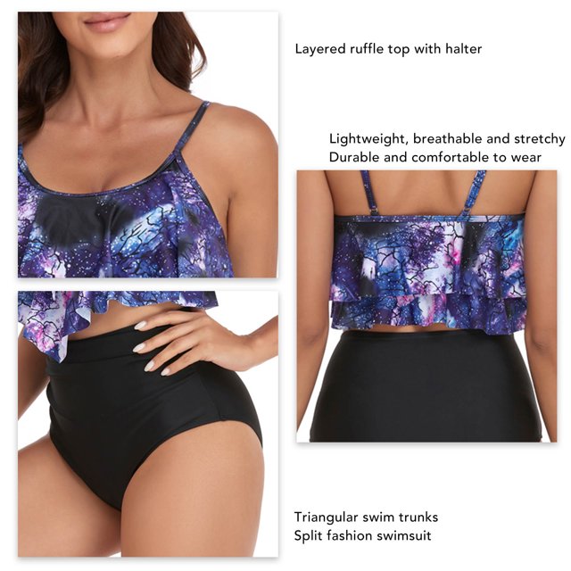 Traje De Baño De Mujer, Traje De Baño Con Volantes De Mujer Con Estampado Cómodo De Moda Transpirable Para La Playa ANGGREK Top Morado Tie Dye Shorts Negros M