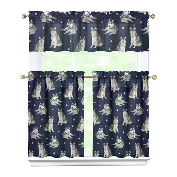 Dog Print Kitchen Curtains 36 Inch Short - 3 Panel Set, Cute Puppy & Floral Design, Rod Pocket Pet Lover Curtains 100% Polyester, Paw & Bone Pattern for Kitchen, Living Room, Bedroom, Easy Wash