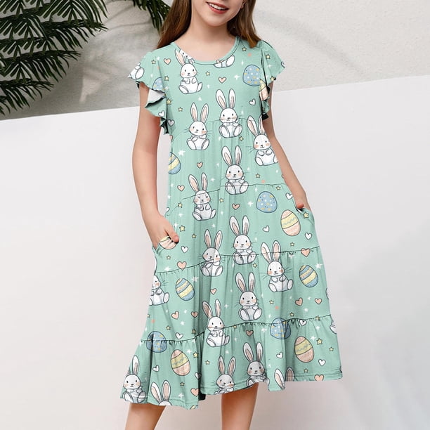 Odeerbi 6-15 Años Niñas Vestido de Pascua de Línea A Manga de Ruffle Conejo Estampado Floral Vestido En Capas Vestido de Fiesta de Vacaciones de Verano