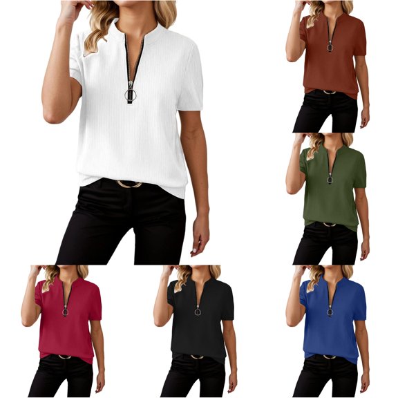 Knitted Ribbed Pullover Top Long Sleeve Casual Crewneck Half Zip Shirt Soft Comfortable Fall Blouse Sleeve Shirt Long Sleeve Layering Shirts for Women Casual Summer Shirts Women Shirt Loose
