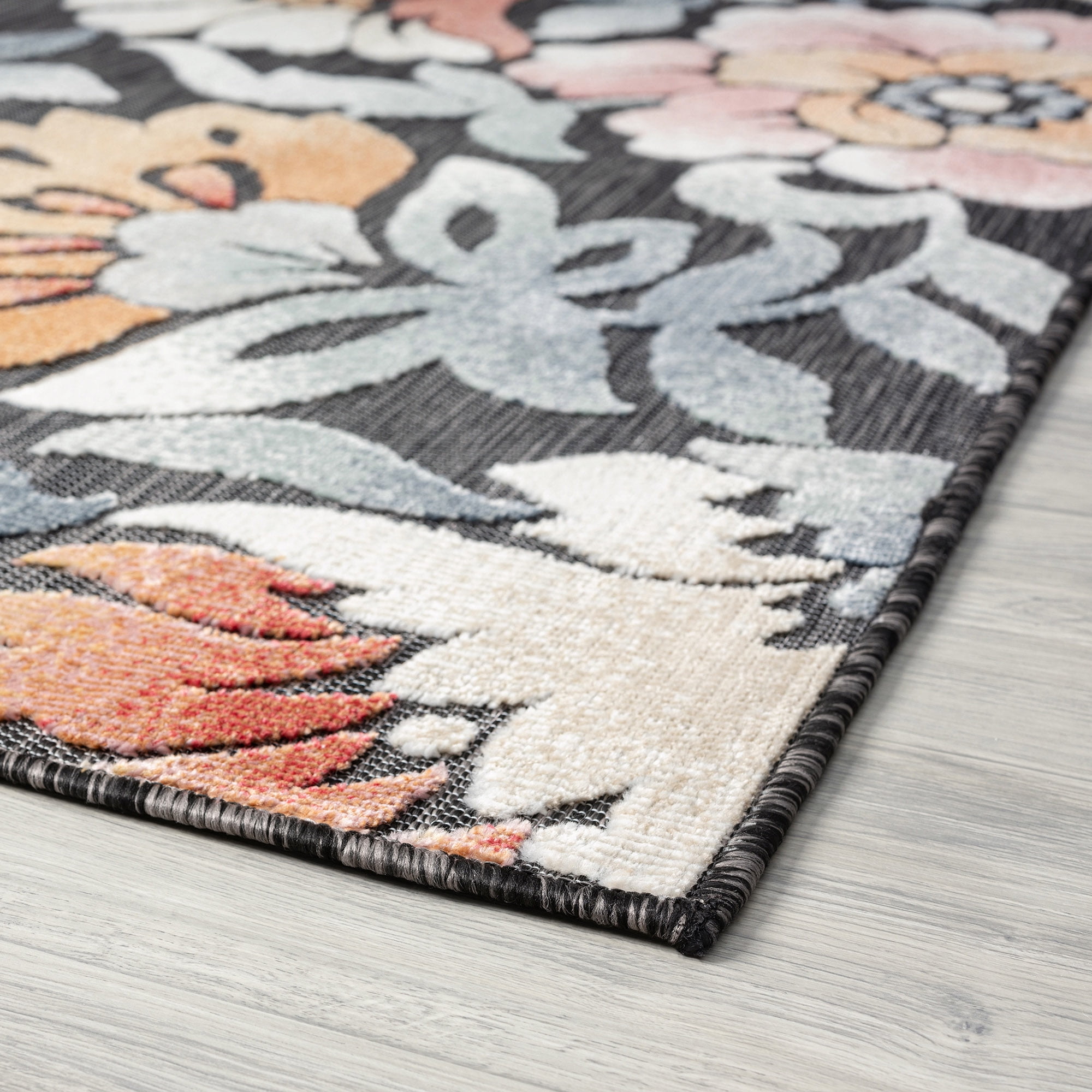 5x7 Water Resistant, Indoor Outdoor Rugs for Patios, Front Door Entry, Entryway, Deck, Porch, Balcony | Outside Area Rug for Patio | Black, Floral | Size: 5'1'' x 7'3''