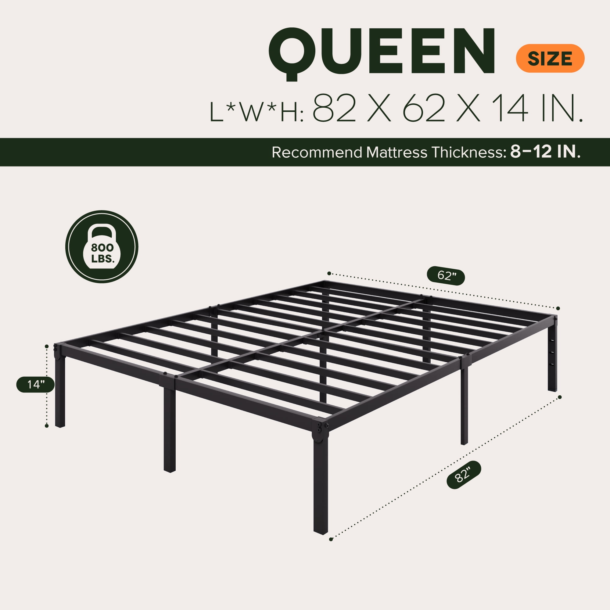 Einfach Queen Bed Frame, Metal Platform Bed with 12.6'' Under-bed Storage Space, Heavy Duty, No Box Spring Needed, Black