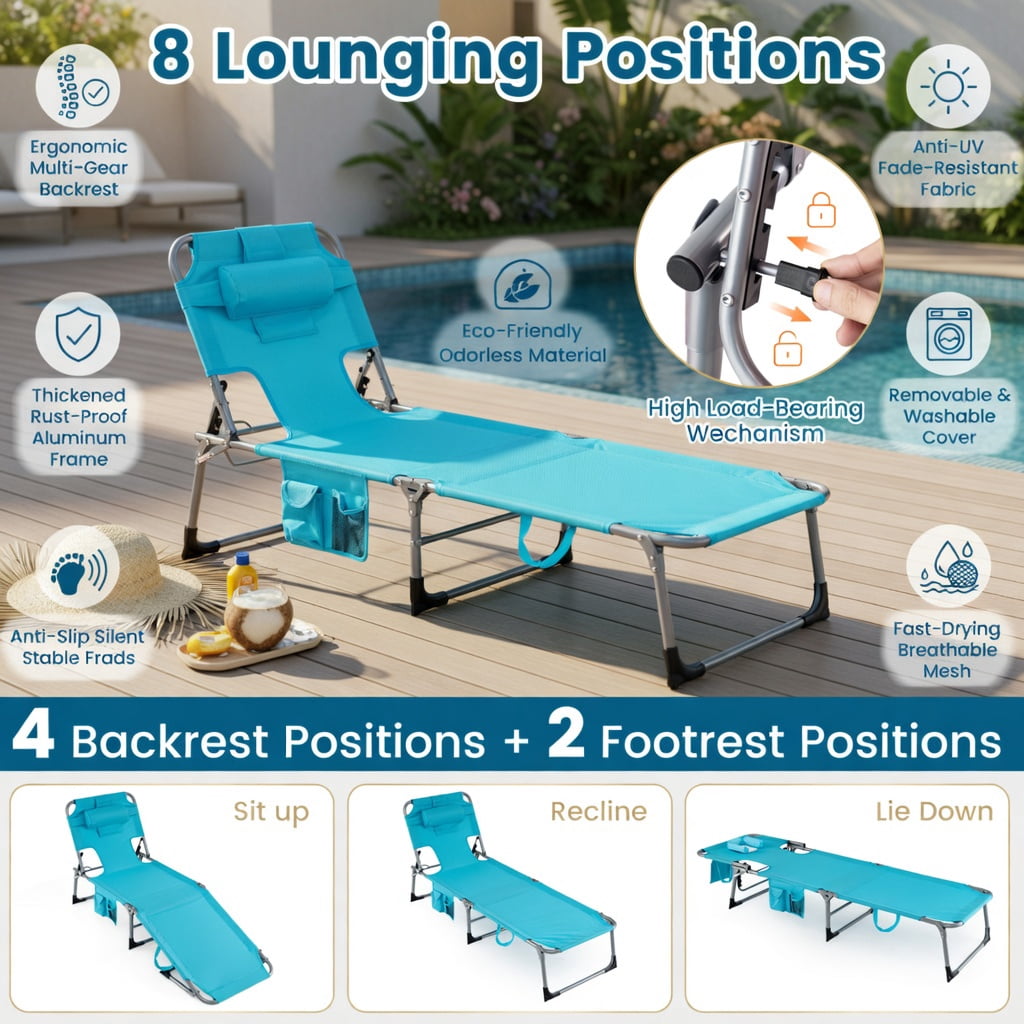 Hommoo Foldable Tanning Chair with Face & Arm Holes, Oxford Fabric Sun Lounger for Beach, Pool, Patio, Turquoise