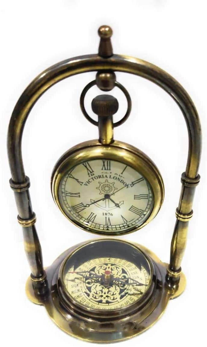 Brass Desk Clock Marine Compass Table top Decorative 