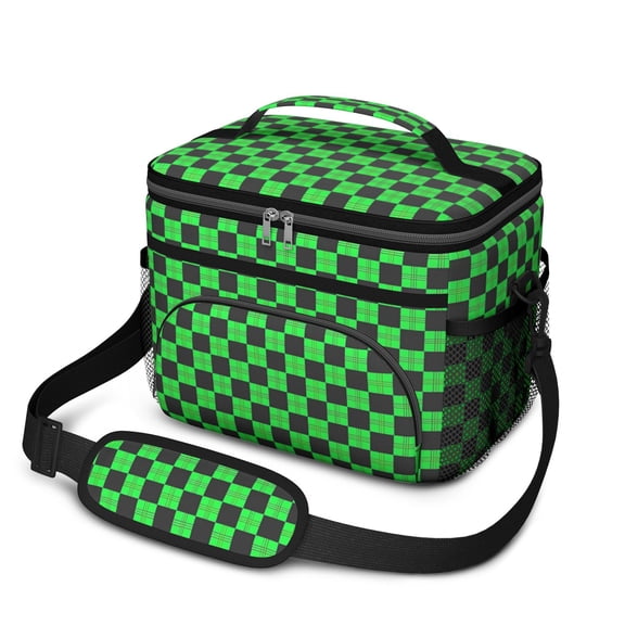 Green and Black Checkered Pattern Insulated Lunch Box for Women Men, Medium Leakproof Cooler Bag with Adjustable Strap, 10"x6.7"x8"