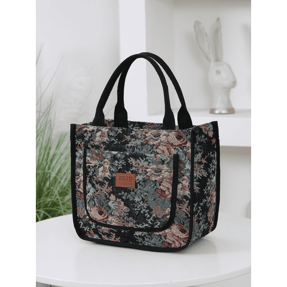 DLIU Women's Thickened Jacquard Fabric, Floral Pattern, Tote Bag, Carrying Bag, Utility Bag, Daily Storage Bag, 1 Piece
