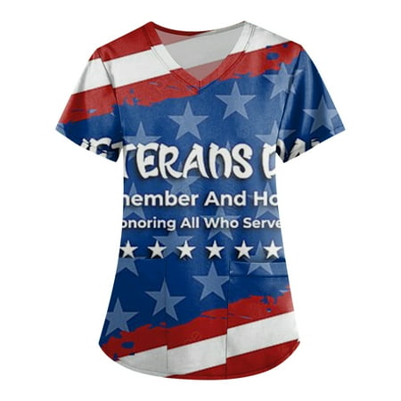 

Sksloeg Women Scrubs Tops Plus Size American Flag Print Patriotic Tops Nursing Working Uniform Short Sleeve V-Neck T-Shirts with Pockets White XXXL