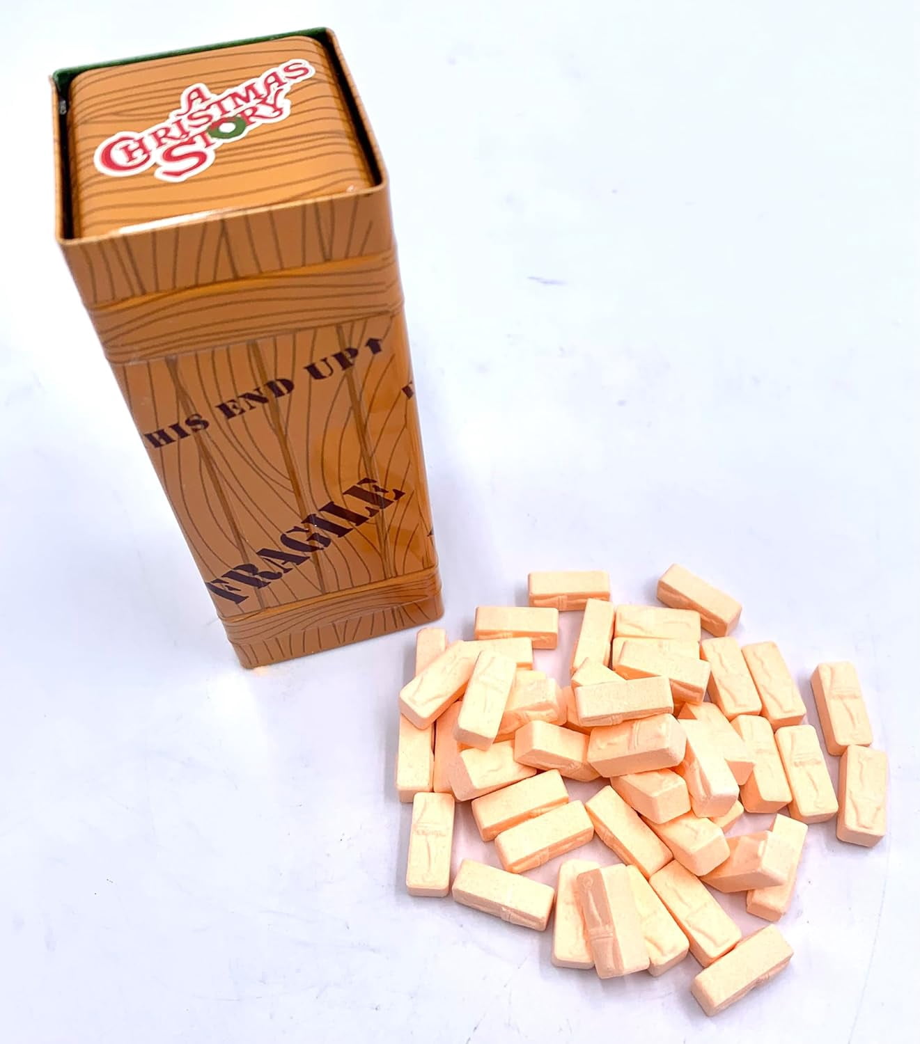 Boston America A Christmas Story FRA-GEE-LAY Wood Crate, Orange Sour Candy, Collectible Slider Tin Shaped filled with Leg Lamp Shaped Candies, 1.5 Ounce Tin