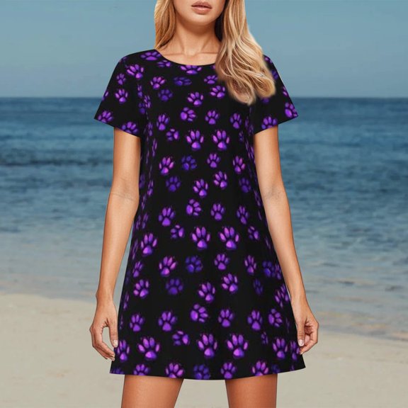 Outfits for Women Short Sleeve Graphic Print Crewneck Loose Fit Nightgown Dress Loungewear Black LWomen's Clothing Sets